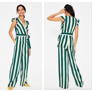 Boden Mila 100% Linen Striped Jumpsuit Green White Size US 8P Resort Vacation